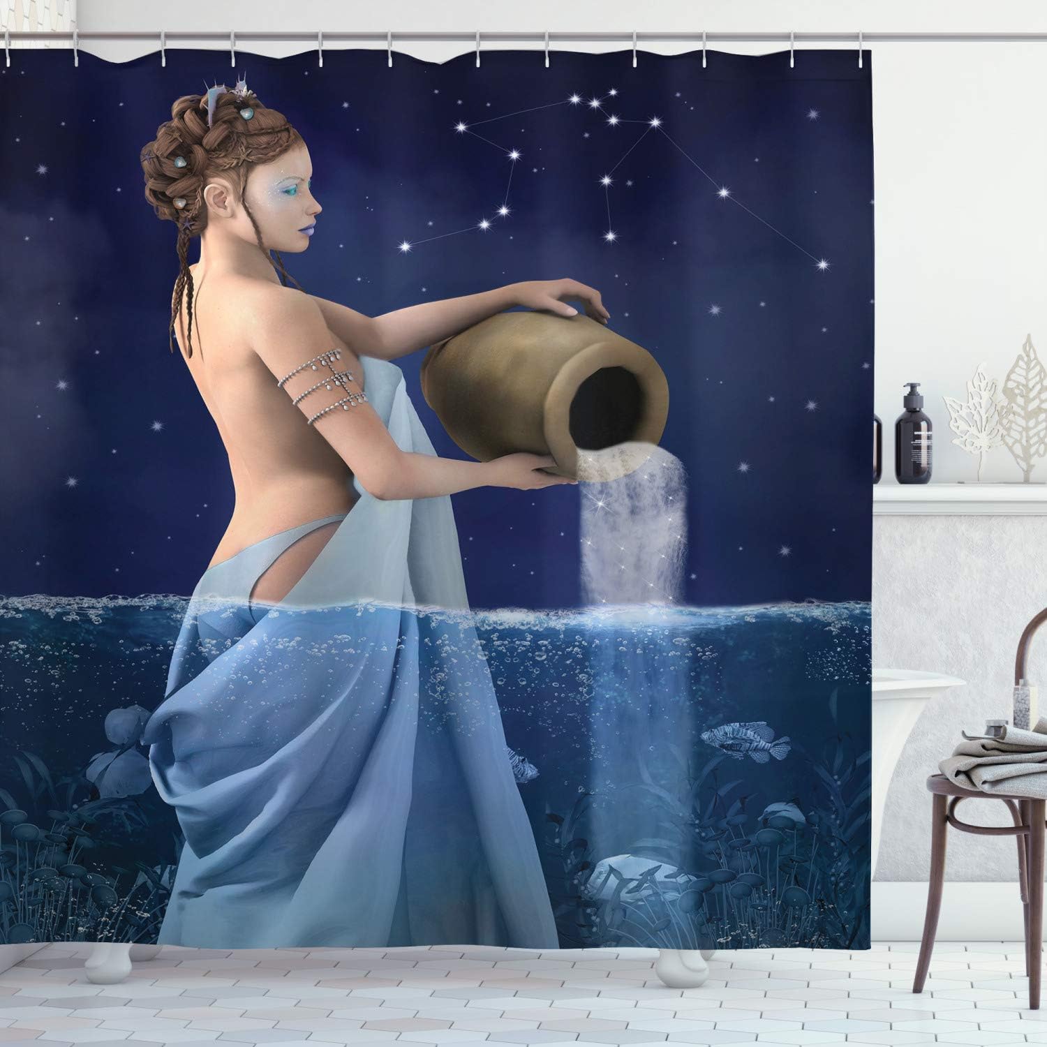Ambesonne Astrology Shower Curtain, Aquarius Lady with Pail in The Sea Water Signs Saturn Mystry at Night Stars, Cloth Fabric Bathroom Decor Set with Hooks, 69" W x 75" L, Blue Dark Blue