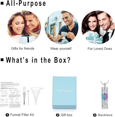 Miniatura 7 de Imrsanl Collar de urna de cremación cilíndrica para cenizas, urna de girasol, collar con colgante para hombres y mujeres, joyería conmemorativa de