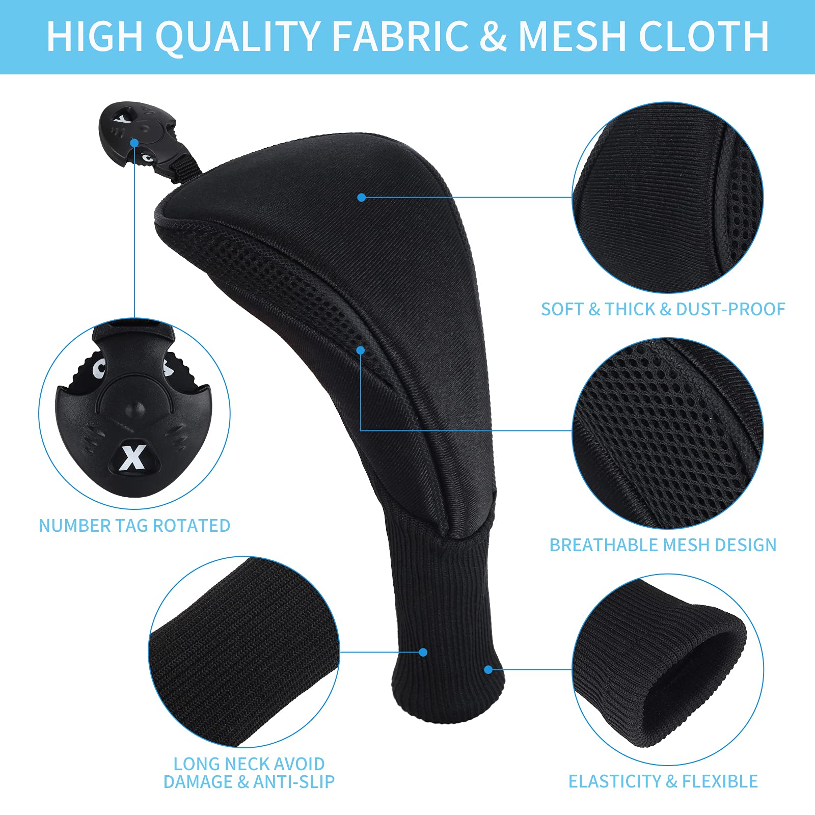 WIHQIBVCE Golf Head Covers - 3Pcs Golf Club Head Covers for Wood & Fairway, Driver Headcover Hybrids of No. Tags 3 4 5 6 7 X with Long Neck Mesh for Extra Club Protection (Black)
