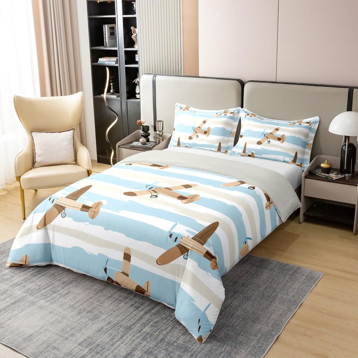 Homewish Retro samolot king size zestawy poszewek na kołdrę kreskówka latający samolot bawełna pościel nowoczesna kremowa niebieska w paski poszewka na kołdrę dorośli urocze samoloty zestaw łóżek