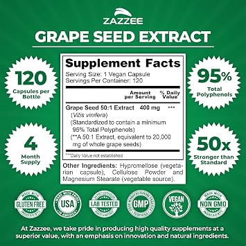 Zazzee High Strength Grape Seed 50:1 Extract, 120 Capsules, 95% Polyphenols