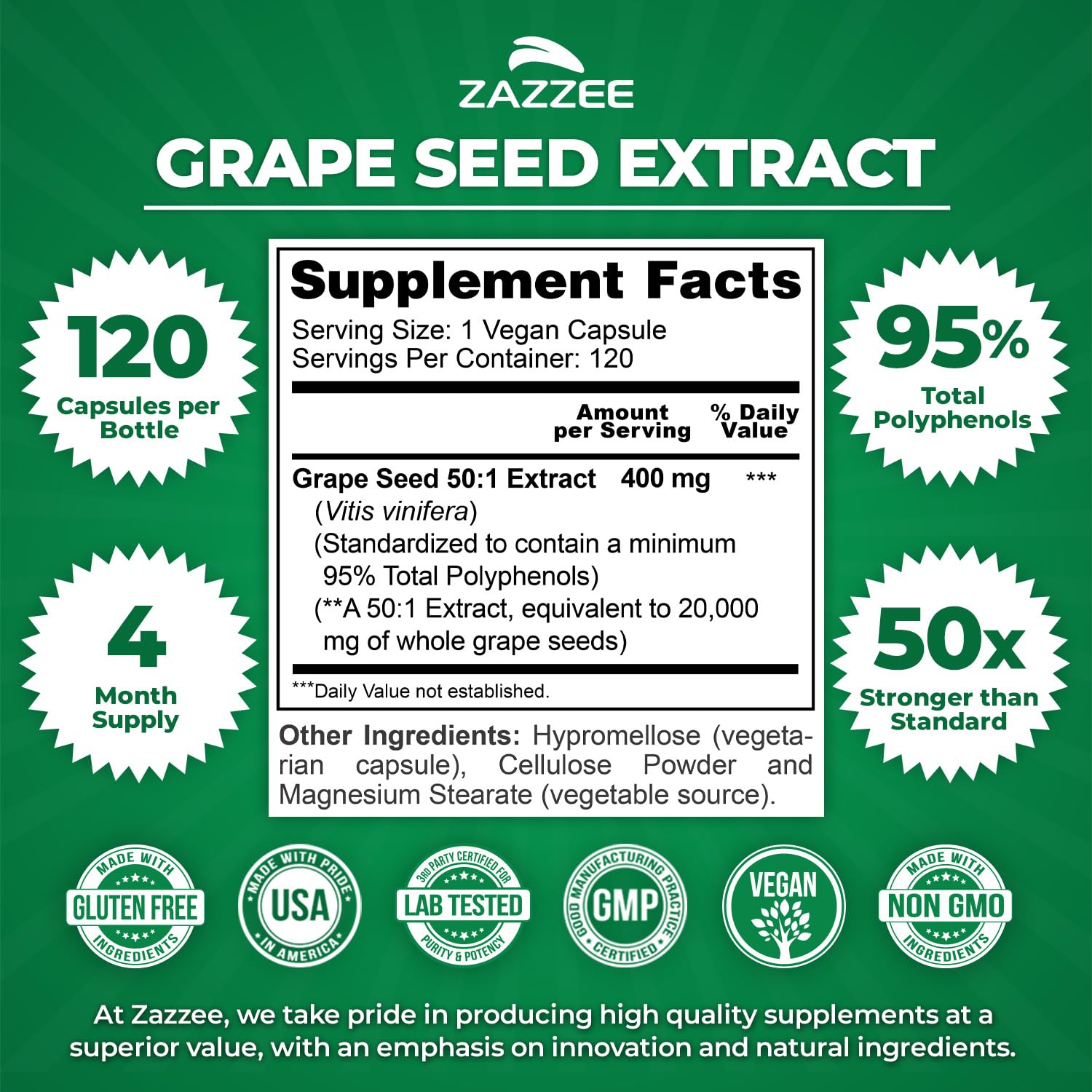 Amazon.com: Zazzee High Strength Grape Seed 50:1 Extract, 120