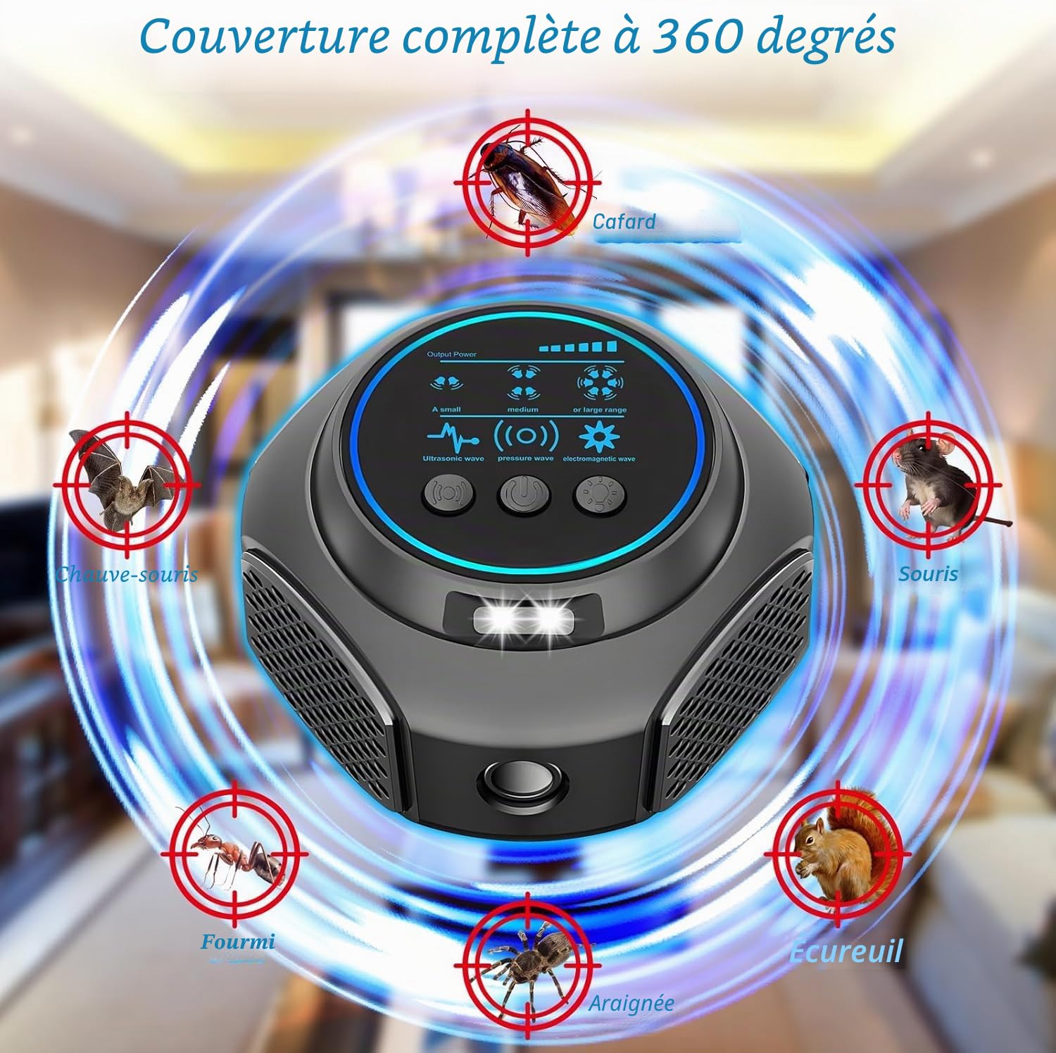 Professionnel Ultrason Souris et Rats Puissant à Large Portée - Répulsif Souris pour Intérieur avec Lumière LED, 360°Ultrason Rongeur, Effets pour Rats, Souris, Campagnols et Loirs