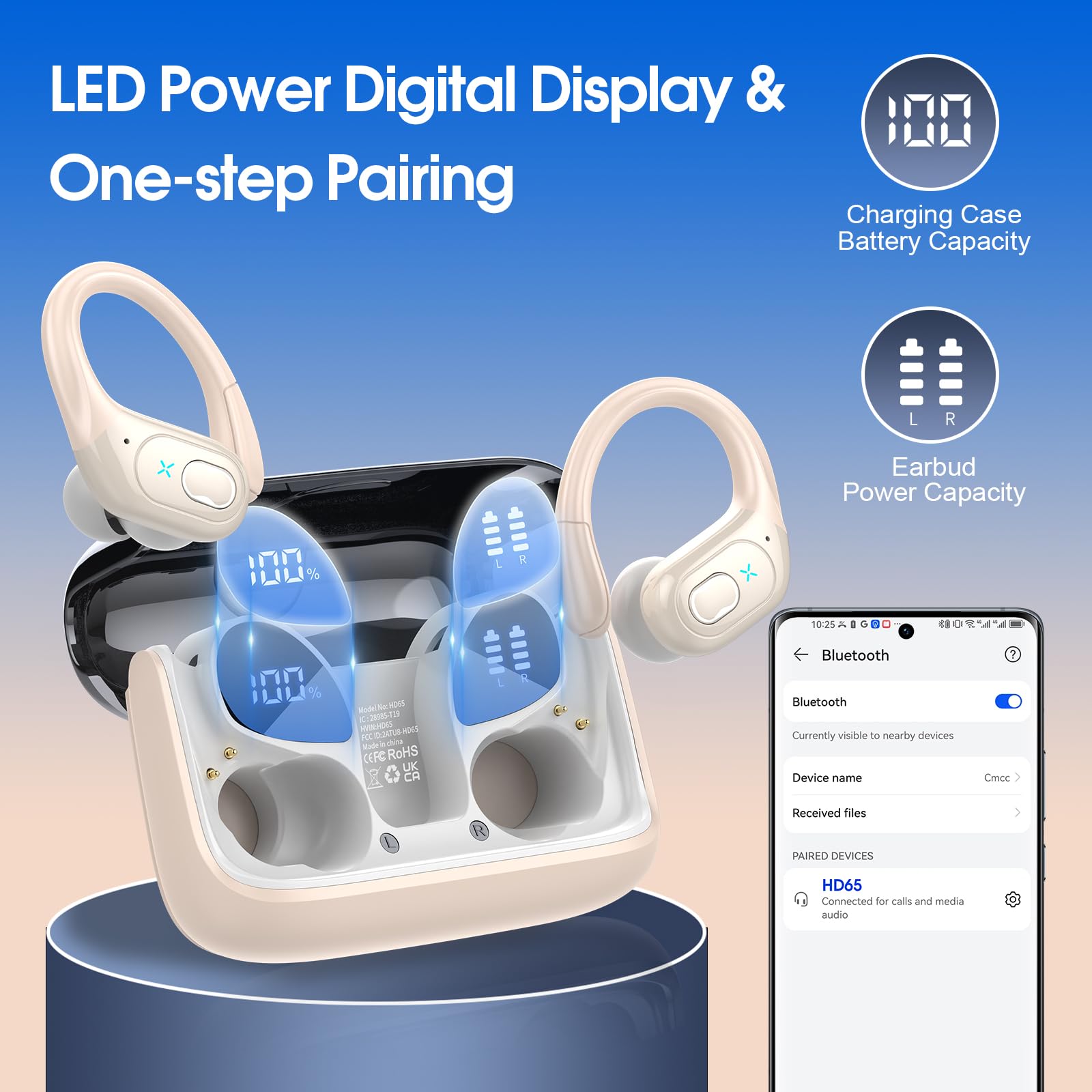 Aptkdoe Auricolari in-ear, senza fili, per sport, Bluetooth 5.4, con microfono ENC, 75 ore di autonomia, personalizzazione tramite app, stereo Hi-Fi, impermeabili IP7, con ganci per le orecchie, per