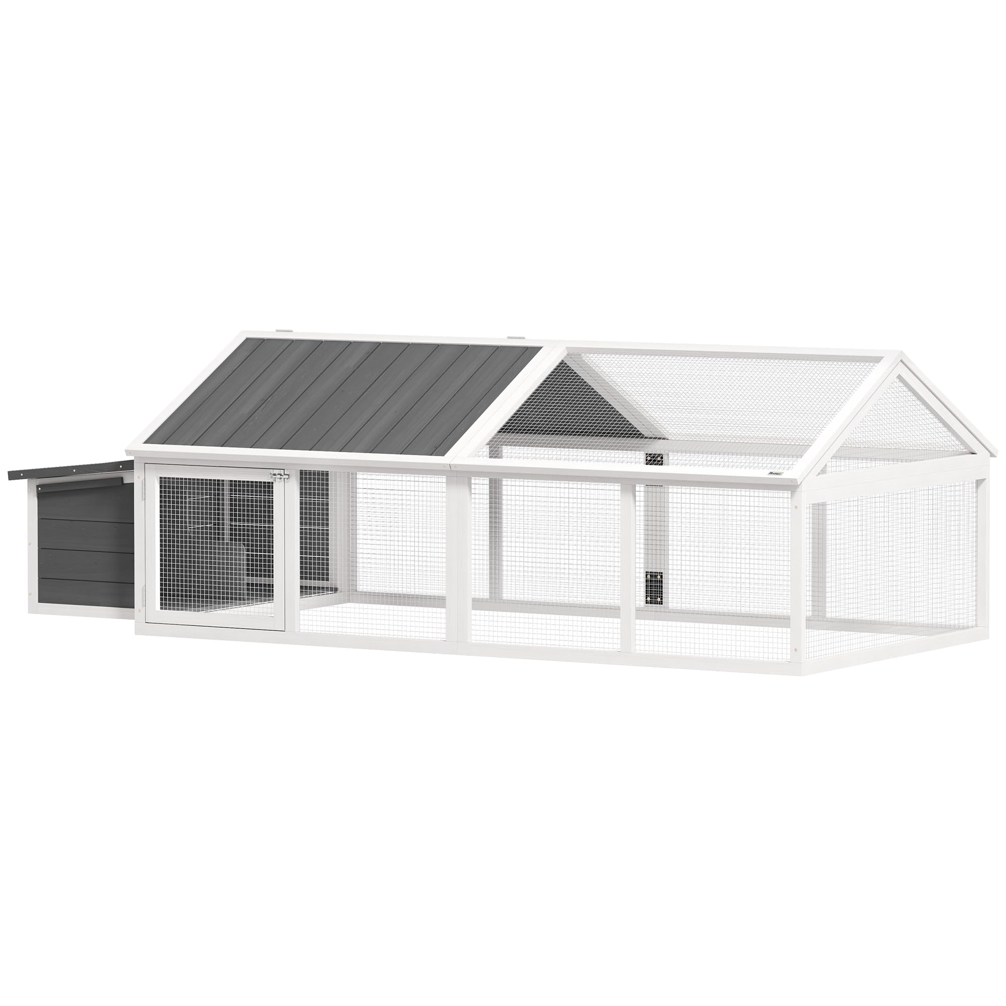 PawHut Pollaio per esterni, 240 x 112,5 x 76 cm, pollaio in legno con tetto ribaltabile, recinto e porte con chiusura a chiave e nido per galline, conigli, anatre, bianco e grigio