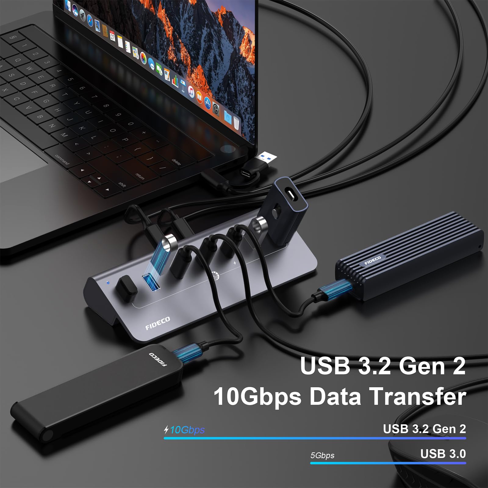 FIDECO Hub USB Alimentado, 7 Puertos USB 3.2 Gen 2 10Gbps Alta Velocidad Aluminio Completo con Adaptador de Corriente de 5V 3A 4 Puertos USB A y 3 Puertos USB C Soporte de Carga BC1.2 (Gris)