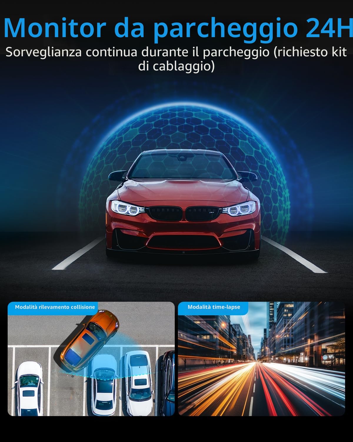 Telecamera WiFi per auto anteriore posteriore, 4K + 1080P per auto, controllo app con scheda SD da 64 G, visione notturna, sensore G, registrazione loop, WDR (Pollici, 1.47)
