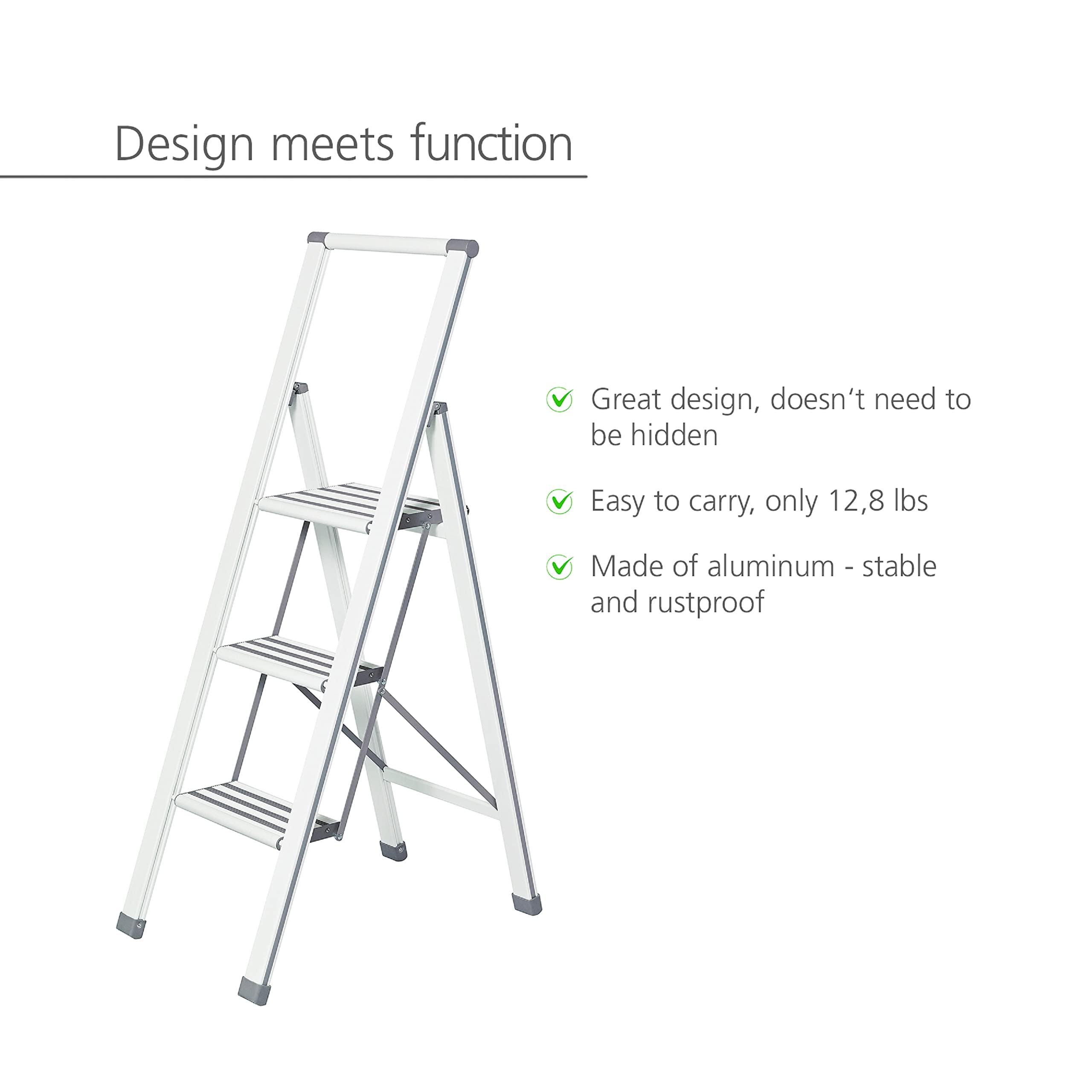 WENKO Escabeau 3 marches Design | Marches antidéparantes | Echelle légère et Pliante | Hauteur 75 centimètres|Ultra Fin| Aluminium | 44 x 119 x 5.5 cm | Blanc