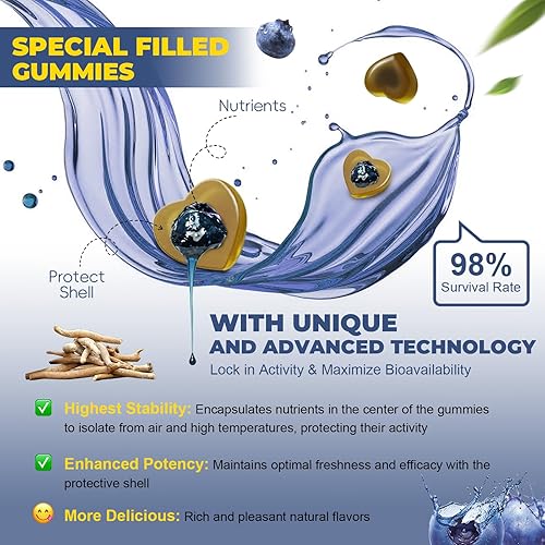 Miniatura 6 de Totaria Gomitas rellenas de Ashwagandha sin azúcar con vitamina D3, glicinato de magnesio, rodiola, suplementos de raíz de ashwa ultra fuertes para