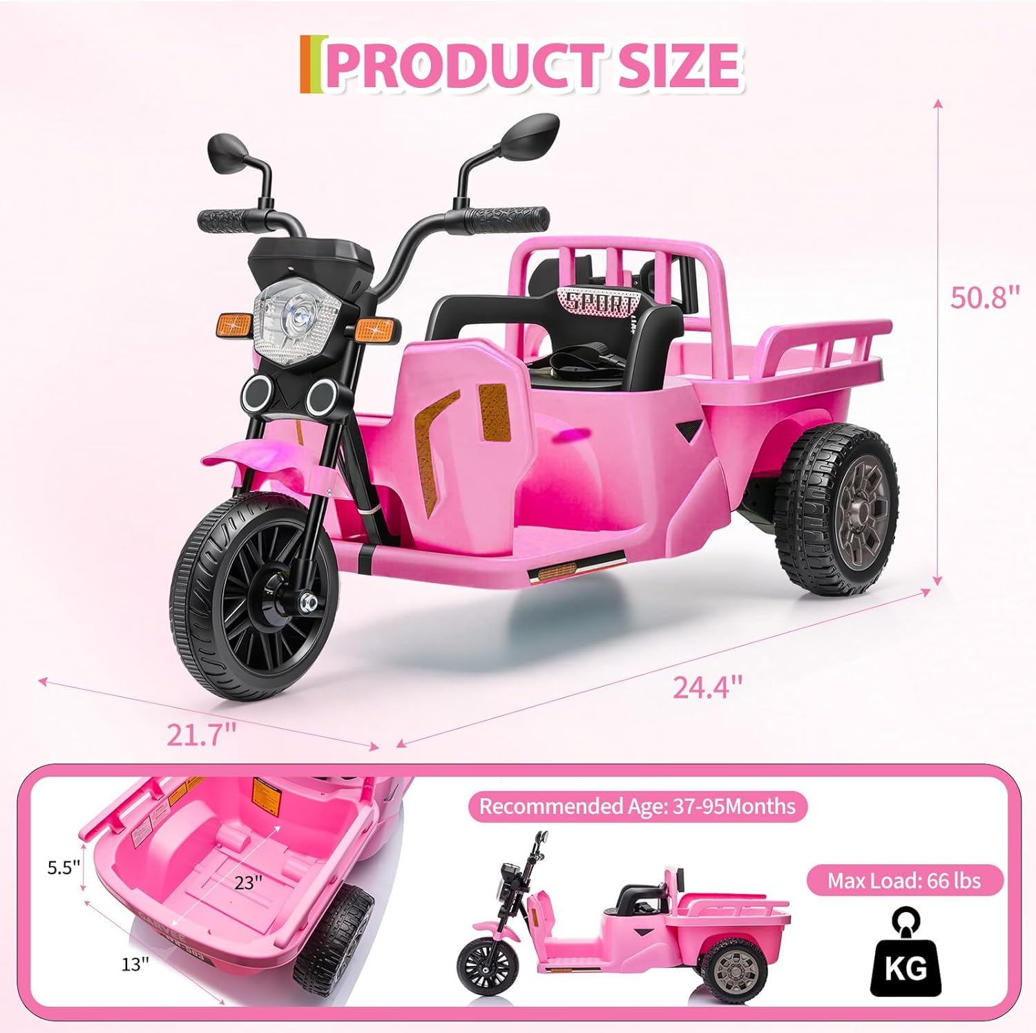 Elektrisches Dreirad 12V Kinder mit Anhängerplattform, dreirädriges Elektro-Kinderfahrzeug mit Fernsteuerung, Musik, Bluetooth, Rückspiegeln und LED, für Kinder ab 3 Jahren, Rosa