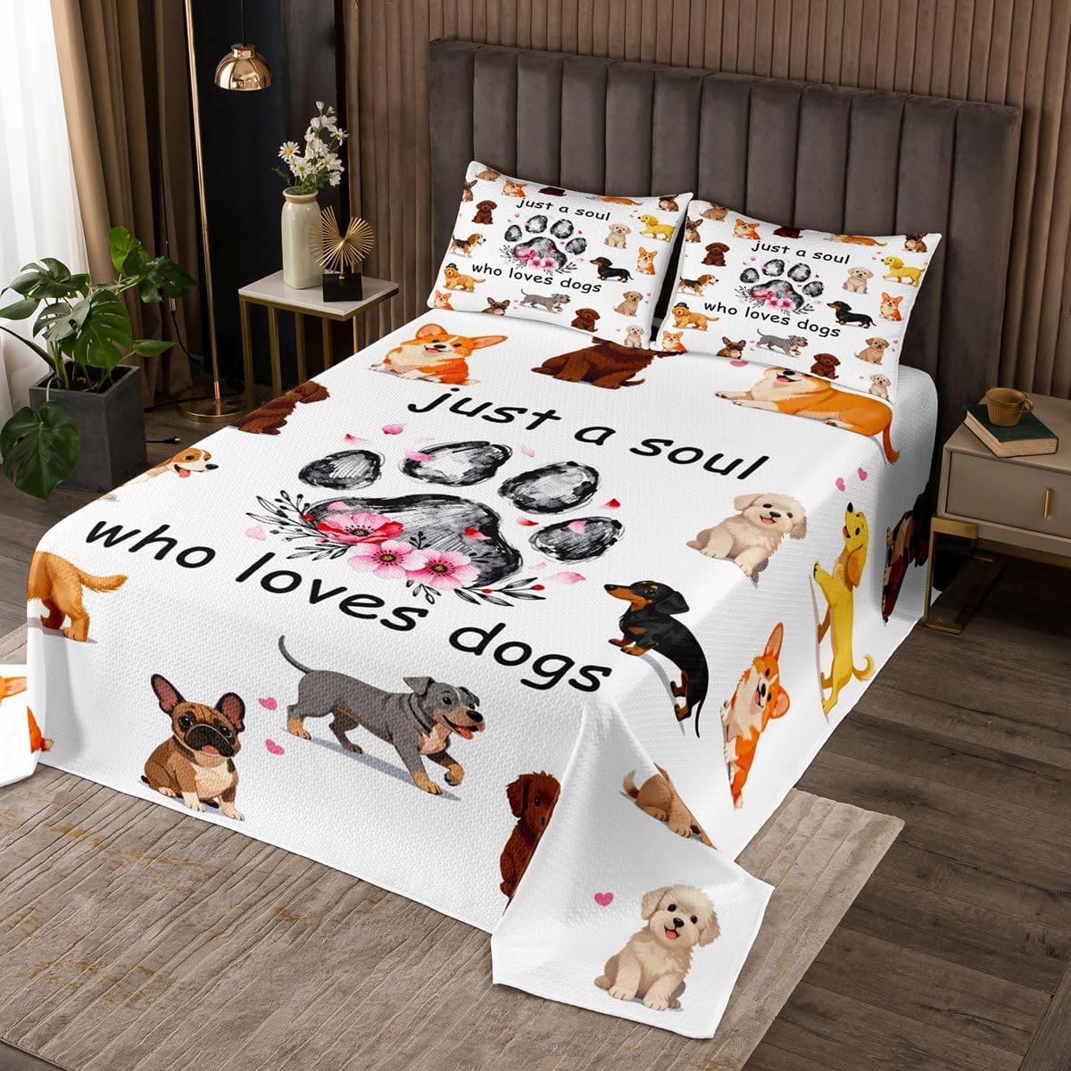 jejeloiu Dogs Bedspread Quilts Puppy Dog Coverlet Set King Size for Kids Boys Girls Cute Animals Quilted Coverlet for All Season with 2 Pillowcases Microfiber