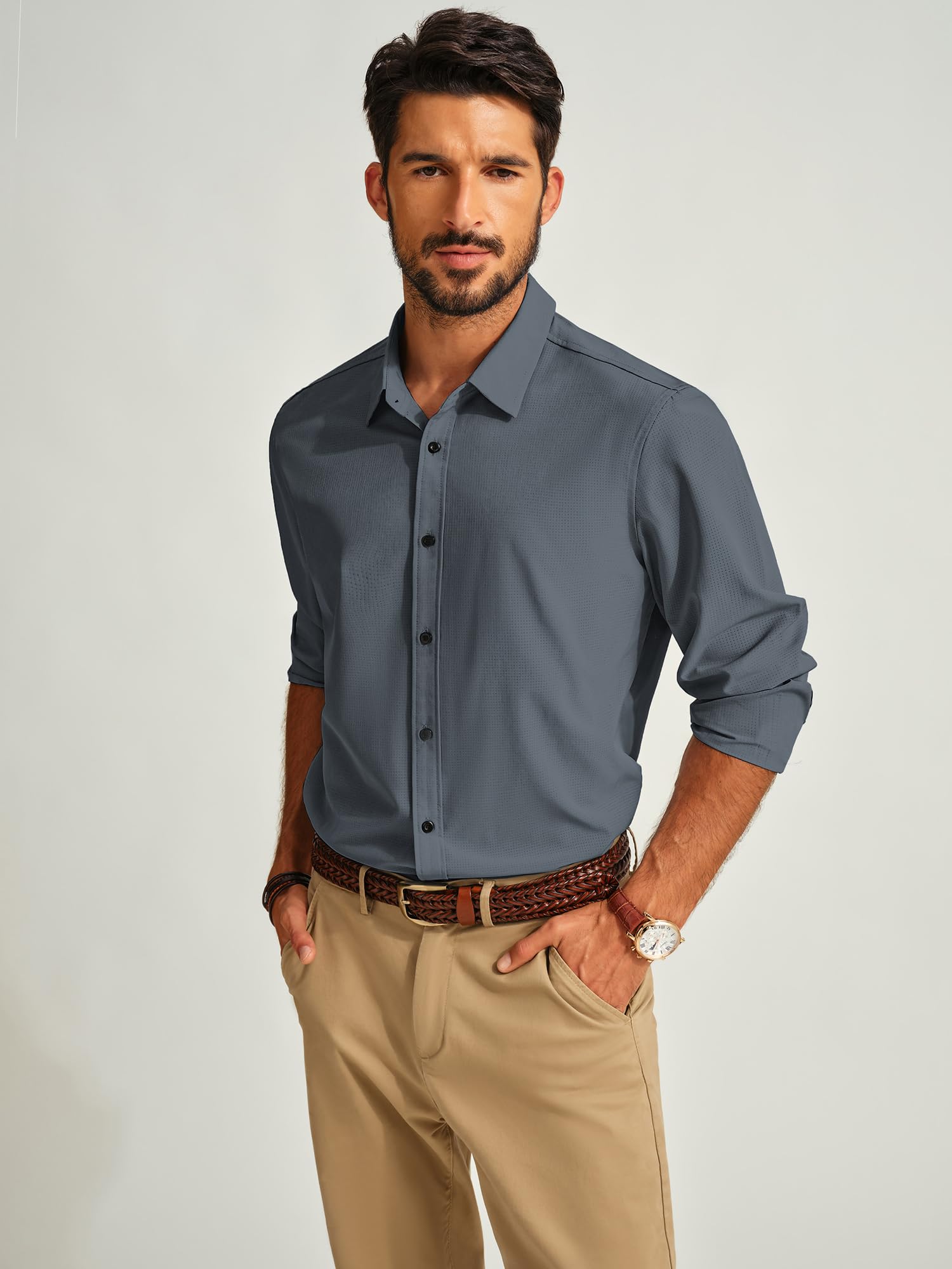 PJ PAUL JONES Camisas de manga larga con botones para hombre, sin arrugas, elásticas, sin pliegues, camisas de vestir informales de negocios