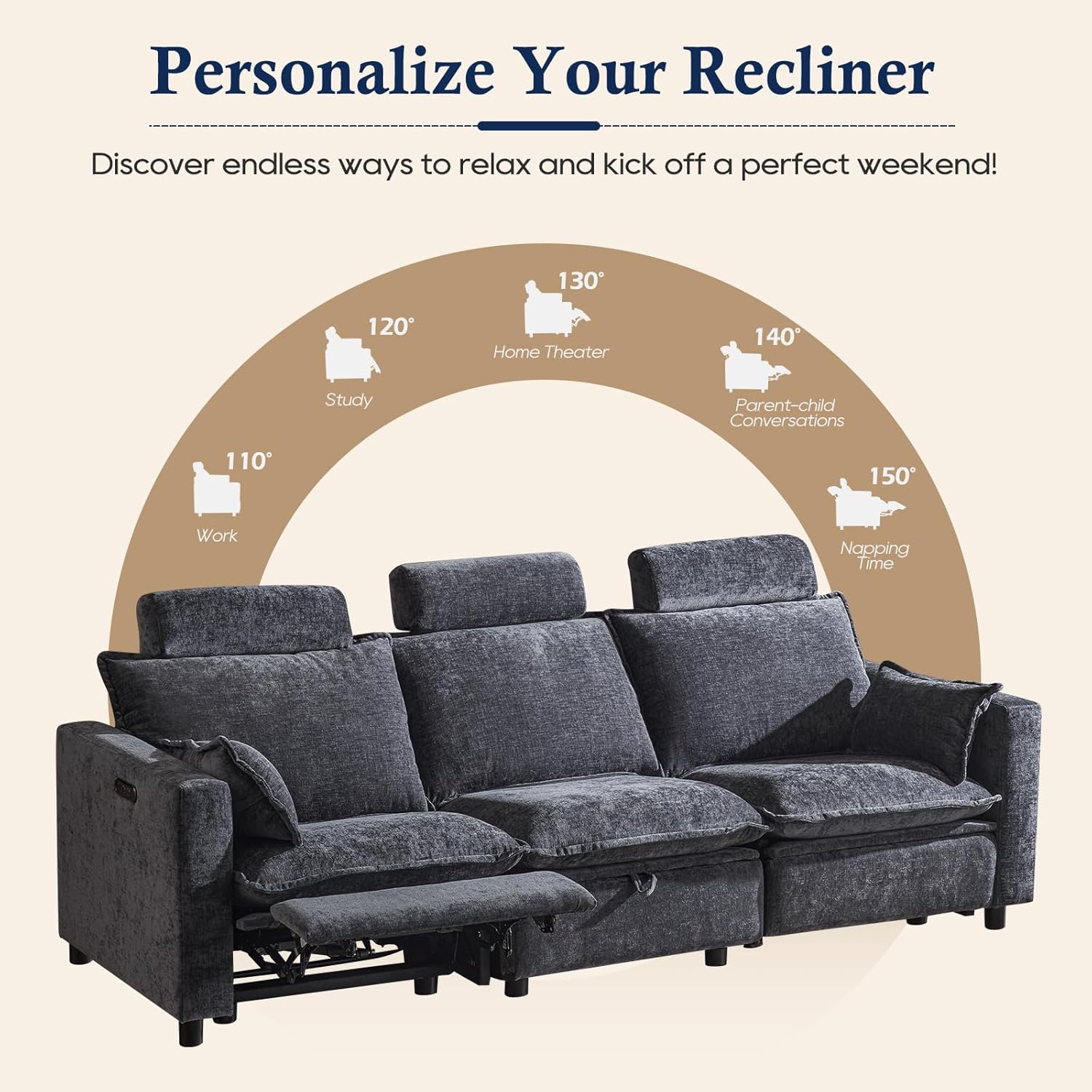 Chenille Electric Reclining Sofa, Oversized 3-Seater Cloud Couch with Headrest, Pillows, Modern Power Recliner Sofa with Middle Storage for Living Room (Grey)