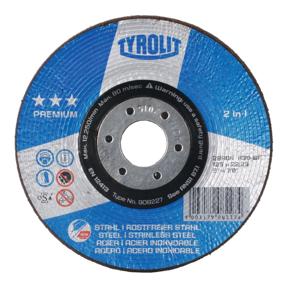 Tyrolit 57005 Premium RONDELLER 2in1 Roughing Disc, 29RON, A24Q-BF, 125 x 22.3 mm Dimensions, Box of 25