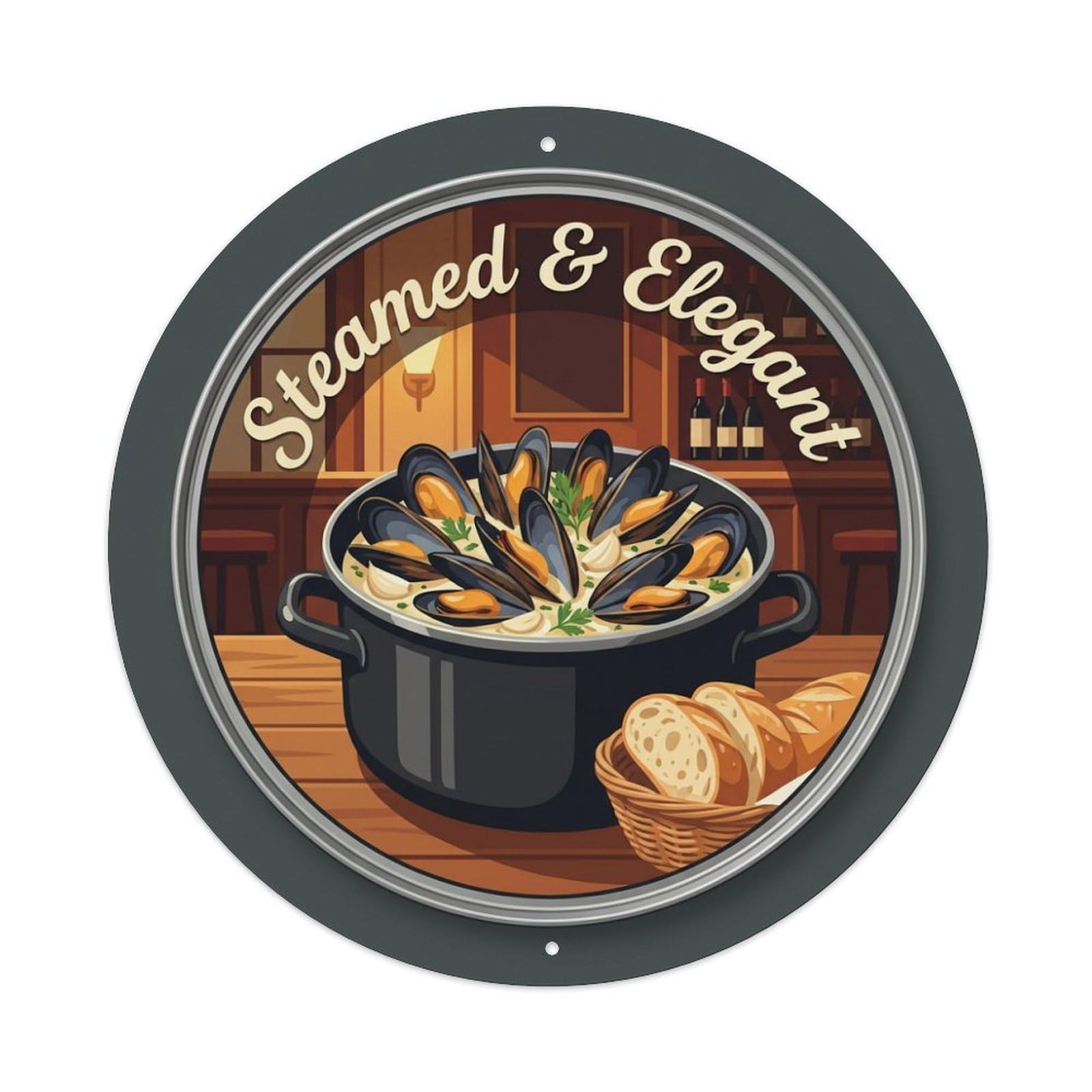 Metal Tin Sign Mussels Wine Gourmet Food