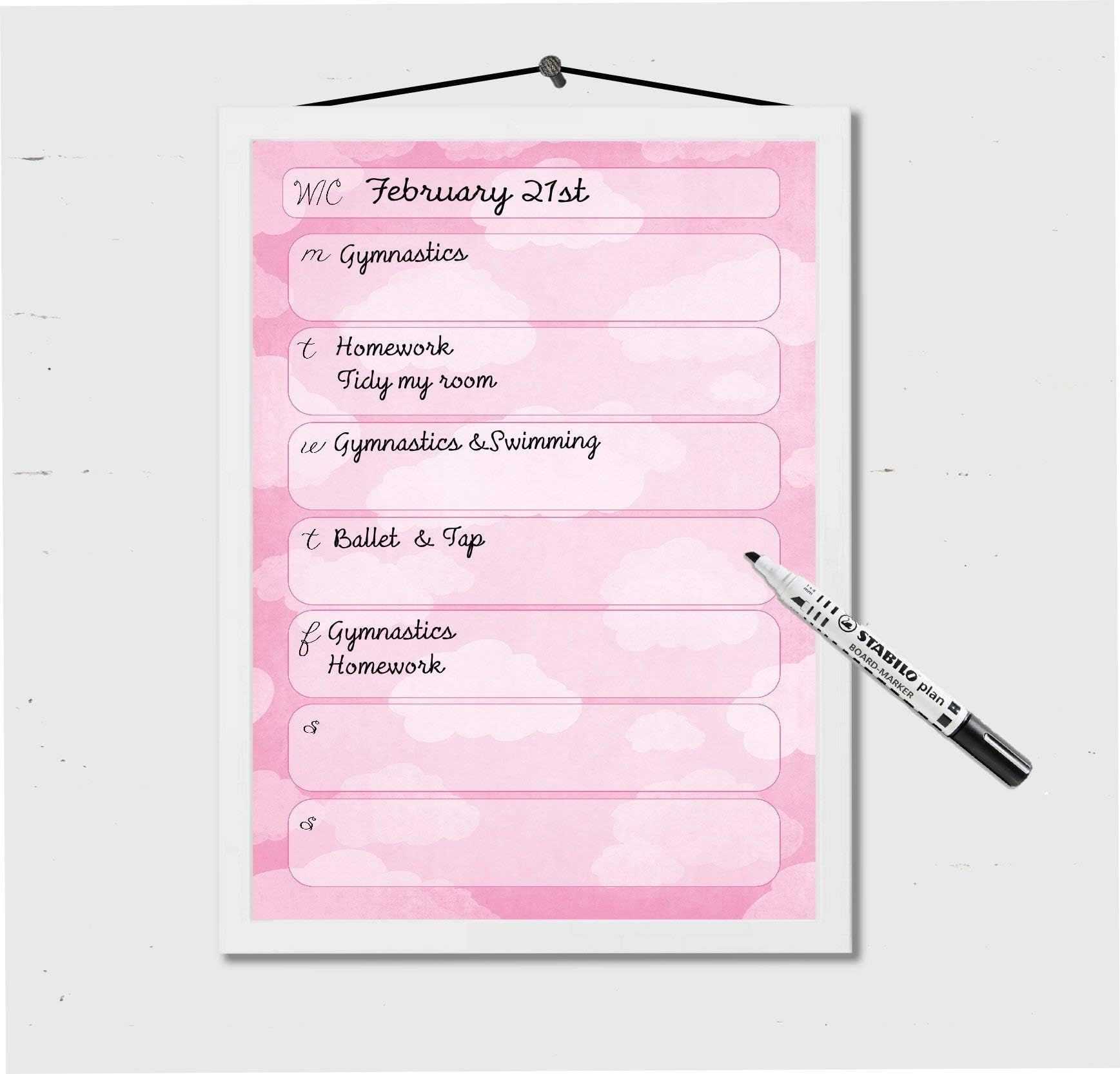 Weekly Planner, pink clouds, Weekly Schedule, Dry wipe planner, daily organiser, reusable, Girls, Dry Erase Calendar, Timetable, Homework, Kids Chores, Message Board