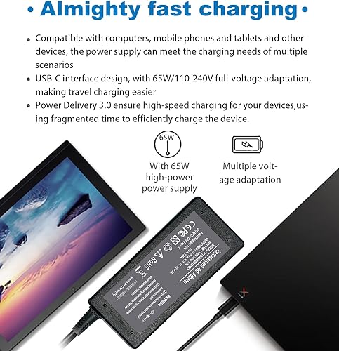 Miniatura 2 de Cargador adaptador USB C de 65 W para Samsung Chromebook XE310XBA XE350XBA XE510C24 XE513C24 XE520QAB para HP Chromebook X360 11-ae051wm 14-ca061dx