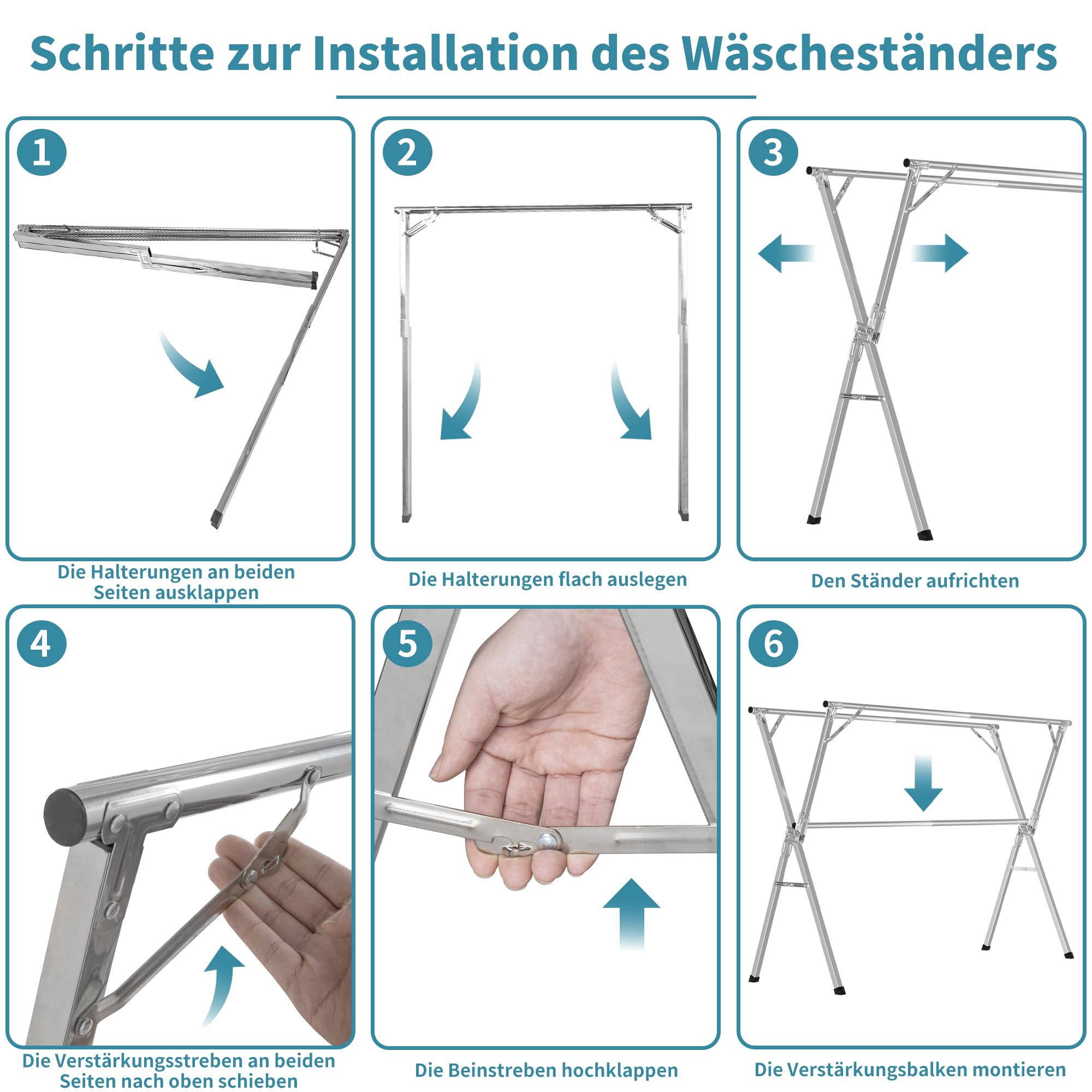 OUUTMEE Ausziehbarer Wäscheständer 130-200 cm Edelstahl mit 20 Haken