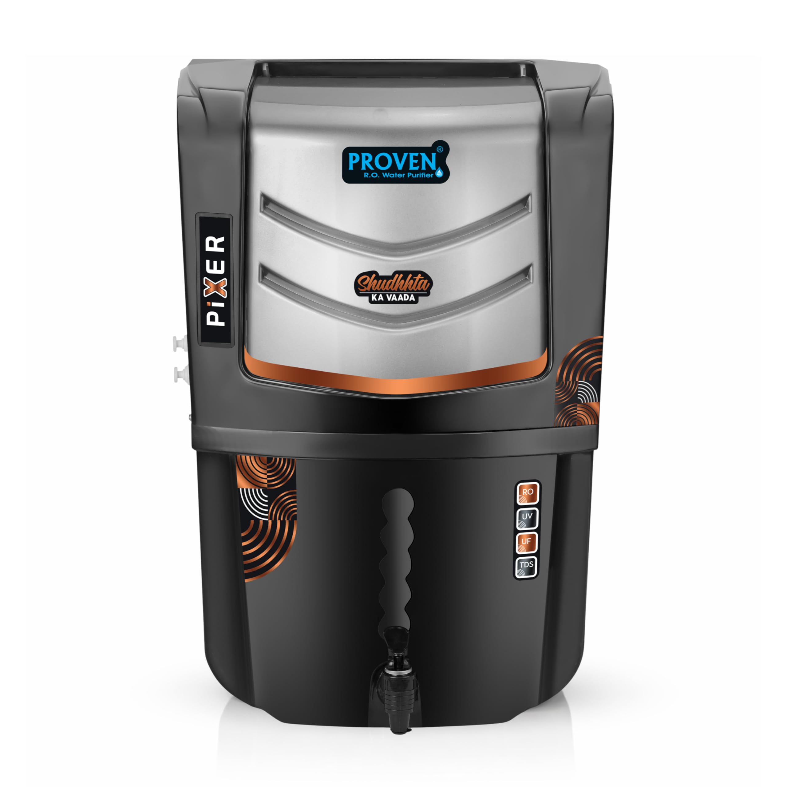 Proven Pixer Water Purifier – RO + UV + UF with Copper Zinc Alkaline Technology, TDS Adjuster, 12L Storage Tank, Sleek Black, Made in India, ISI | 12 Stage Purification | 1 Year Warranty