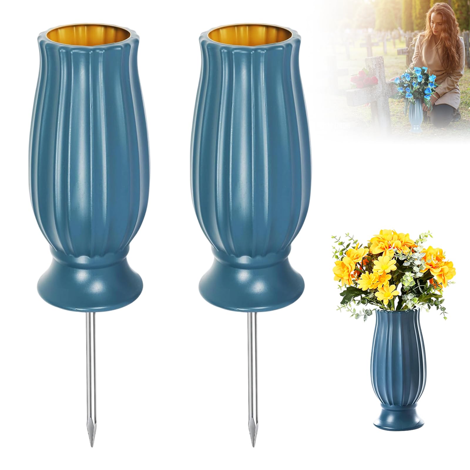 2 Pack Grave Vases with Spike, Grave Flower Pots Blue Graves Flower Holders Memorial Vases for Graves Cemetery Flowers Pots for Gravestone Garden Yard
