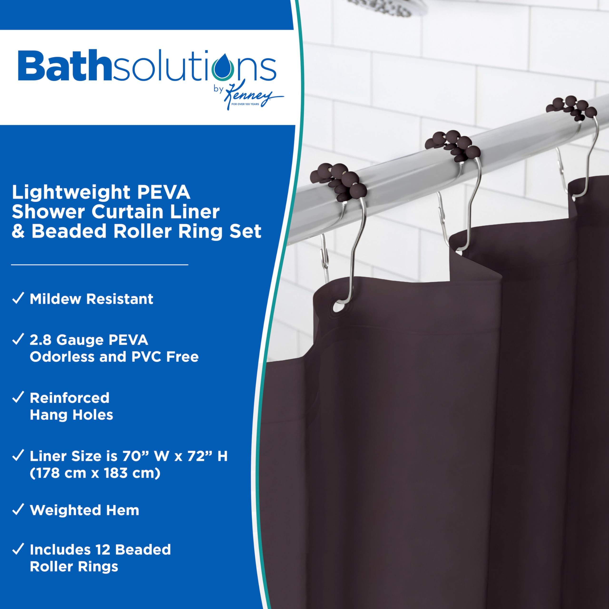 Kenney KN61759 Lightweight 3 Gauge Waterproof PEVA Shower Curtain Liner with Durable Eyelet Hang Holes, Weighted Magnetic Hem, and 12 Piece Beaded Roller Ring Set for Bathroom, 70