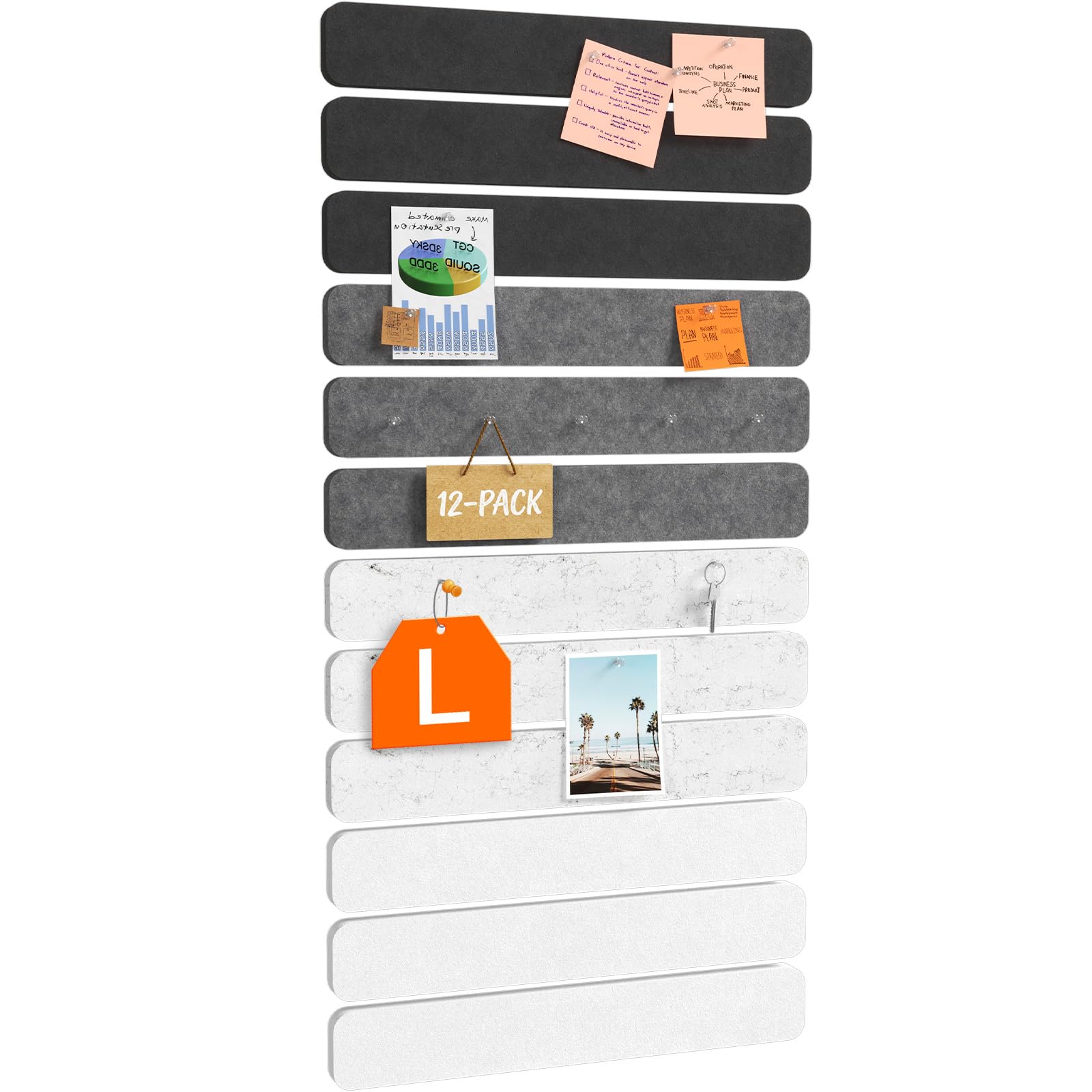 Lifewit Bulletin Board with 60 Pin Set, 12-Pack Cork Board Alternative Felt Strip Board, 33x5 cm, 4-Color Set, Full Self-Adhesive Wall Panel for Decor, for Office, Dorm, Home, Concrete Grey