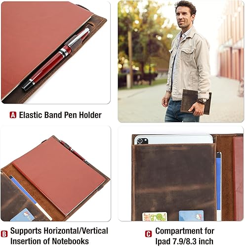 Vista 52 de Top Grain Leather Cartera grande de 12.9 pulgadas, diseño retro hecho a mano, gran capacidad, multifuncional, con cremallera, soporte para tarjetas