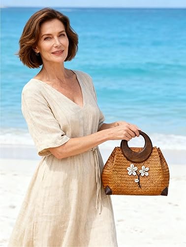 Miniatura 9 de Lindo bolso de paja tejido a mano Boho Bolso de mano con mango de madera para mujer, bolsa de viaje de ratán de playa de verano con flor blanca