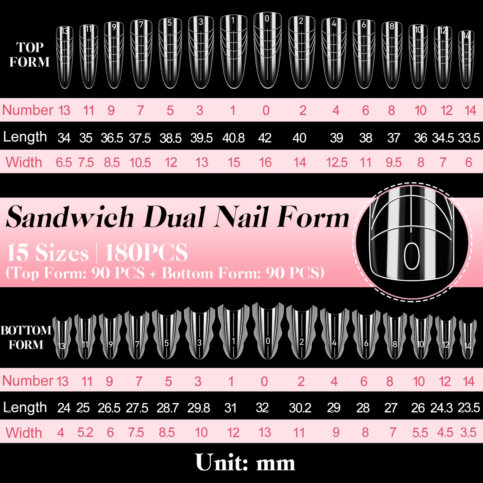 Kiiwah 180 szt. Dual Form Sandwich, wielokrotnego użytku formy do paznokci, żelowa forma do paznokci, dodatkowo długa, podwójne formy do żelowych przedłużeń paznokci, do zrobienia w domu (migdałowy)
