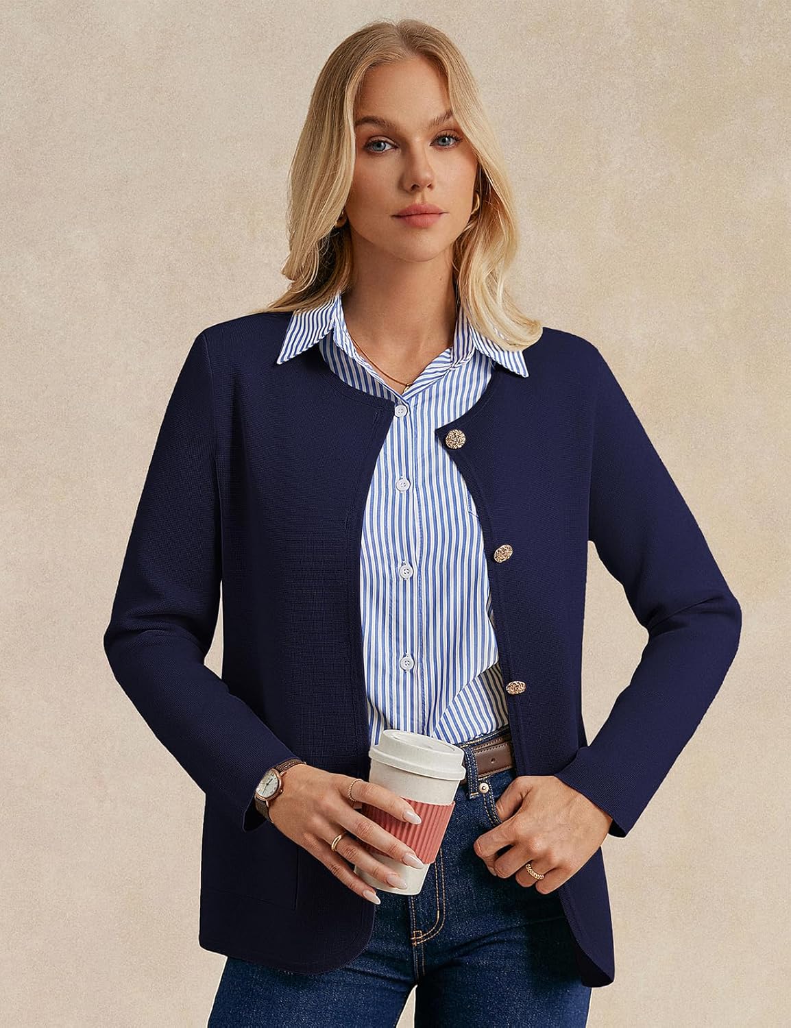 GRACE KARIN Sweater Blazers for Women 2025 Casual Button up Cardigan Sweater Open Front Knit Blazer Jacket with Pockets - Image 7