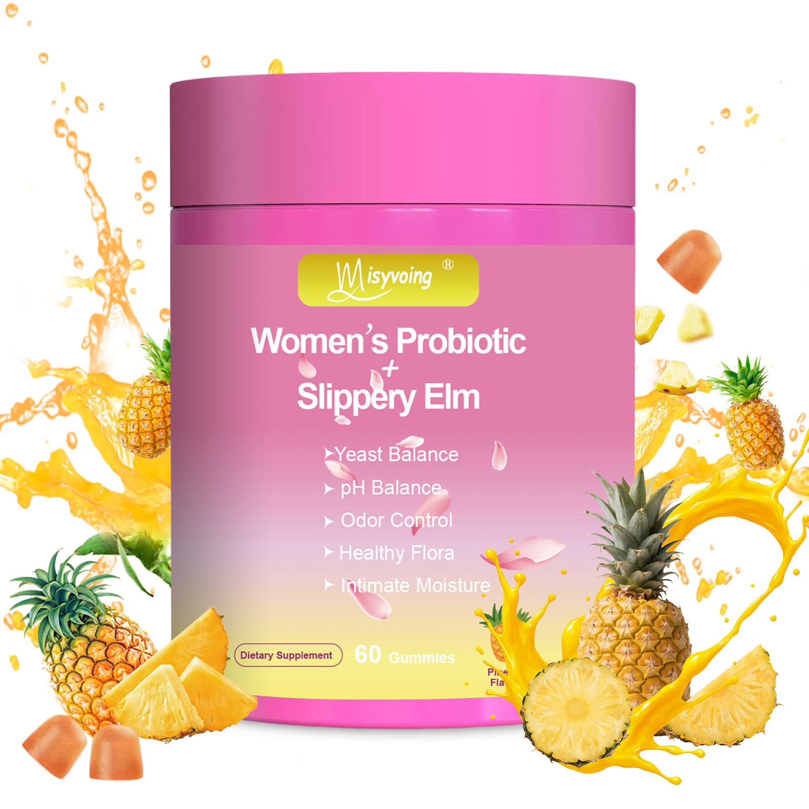 Misyvoing Suplemento prebiótico e probiótico com slippery elm e Lactobacillus, sabor abacaxi, 60 gomas