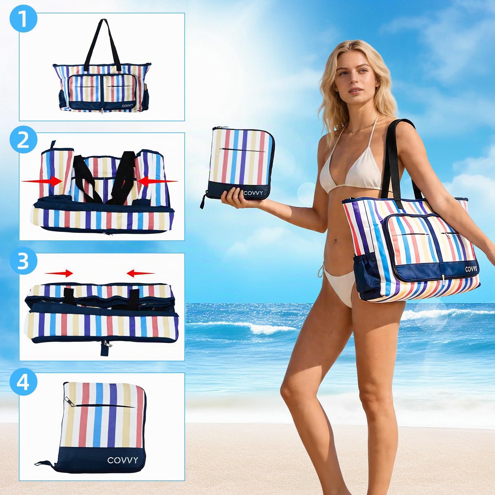 Sac de plage, sac fourre-tout extra large pour femme avec fermeture éclair, étui étanche pour téléphone, décapsuleur, plusieurs poches, résistant à l'eau et au sable, sac à bandoulière pliable
