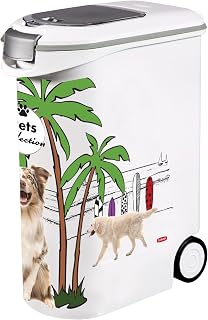 Curver Pets Collection Dog Food Container, Large Airtight Odour Proof Storage Bin with Dual Lid Openings and Scoop Compartment, Durable Design with Handles and Wheels, 54L 20kg, White