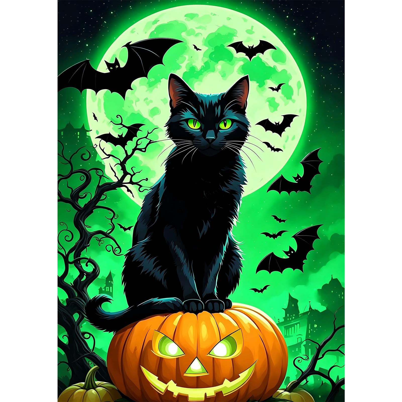 HEIBAGO Diamond Painting Kits for Adults, Halloween Black Cat 5D DIY Diamond Art Kits for Beginners Round Full Drill Painting with Diamonds Gem Art for Home Wall Decor Gift 30 x 40cm