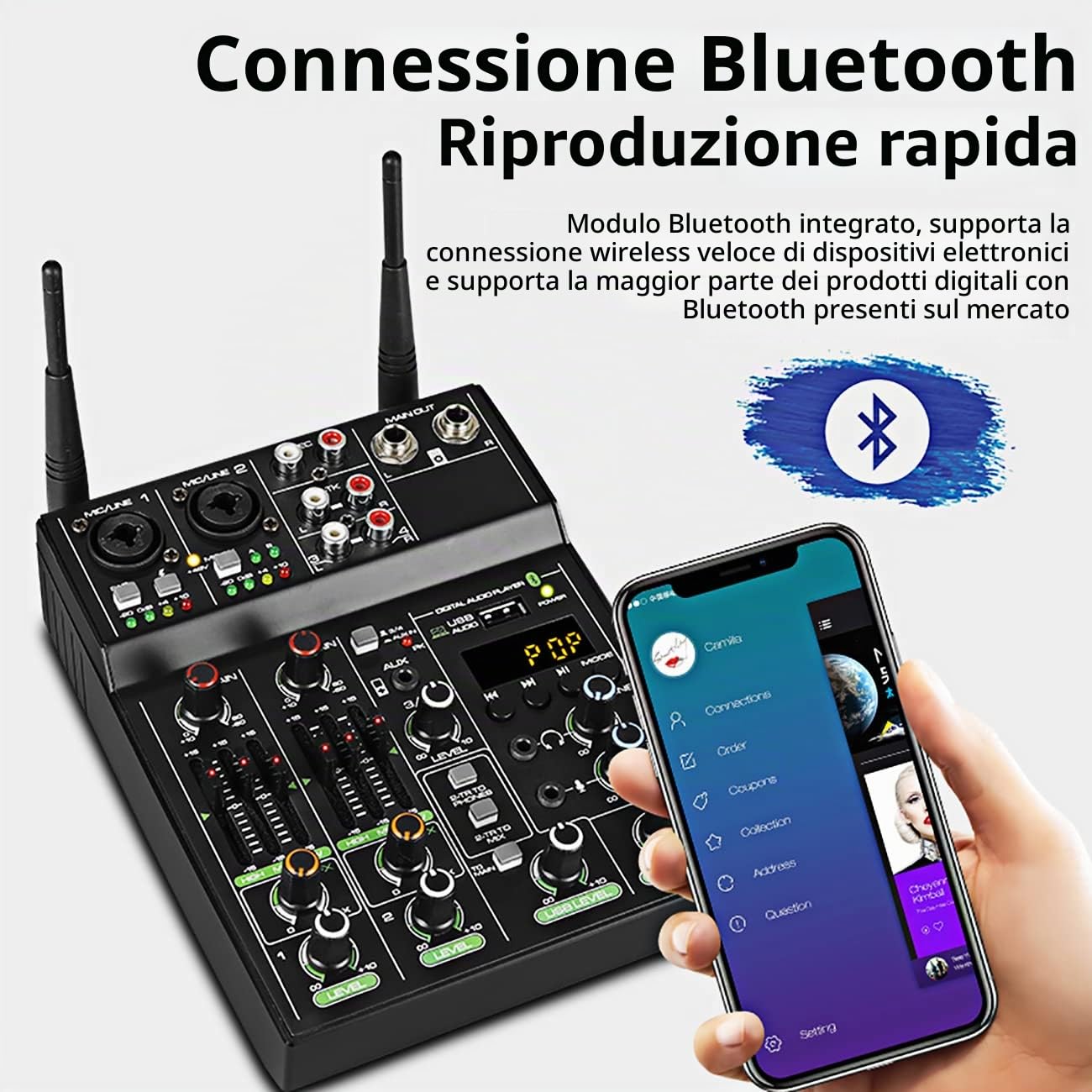 Depusheng UF4-M Studio Audio Sound Mixer Board - 4 canali Bluetooth compatibile Professional Portable Digital DJ Mixing Console con microfono wireless - Mixing Board per la registrazione in studio