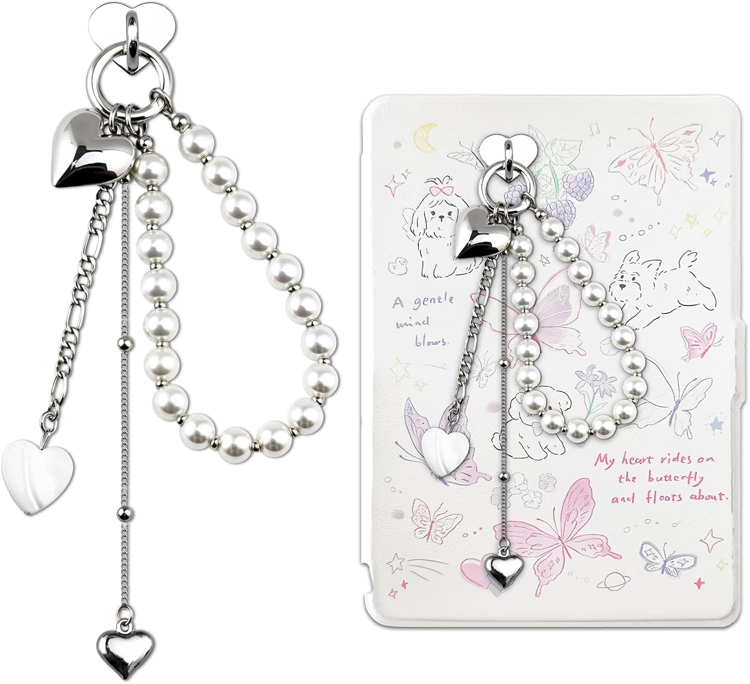 Kindle Charm Chain Wrist Strap for Phone Charms Case Kindle Accessories for Book Lovers Cute Heart Charm Hook Silver Heart Charms for Kindles DIY Phone Case