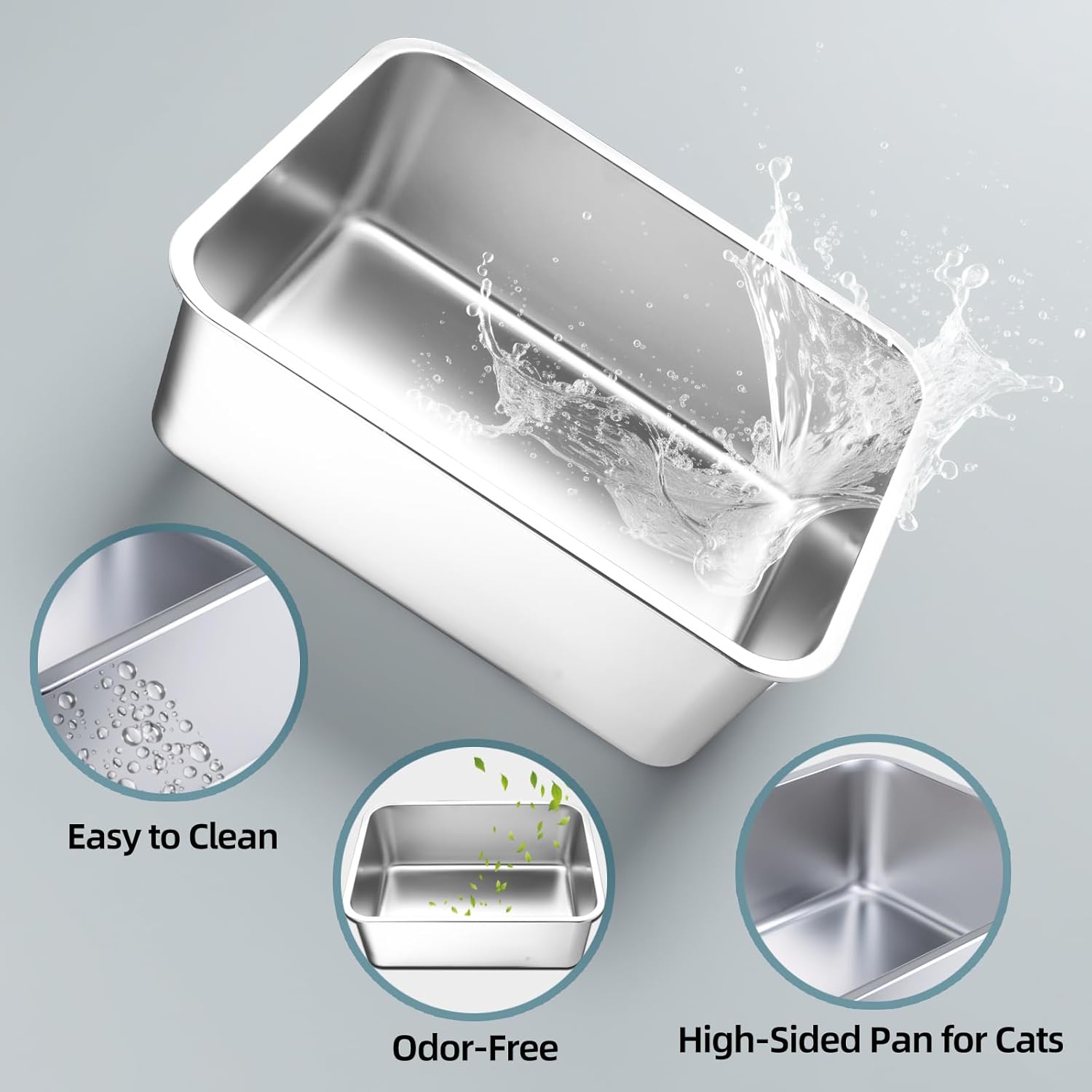Stainless Steel Cat Litter Box - Large Metal High-Sided Pan for Cats, Pets, Non-Stick, Odor-Free, Easy to Clean, Splash-Proof, Durable (23.6 L x 15.8 W x 6 H)