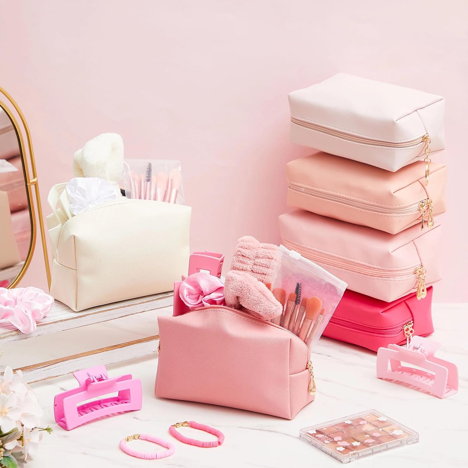 Zeyune 36 Pcs Gifts Sets Bulk for Tween Teen Women Preppy Party Favors Set Preppy Makeup Bag Hair Pin Scrunchies Headbands Bracelets Trendy Stuff Gift for Women Friend Birthday Present(Sweet Color)