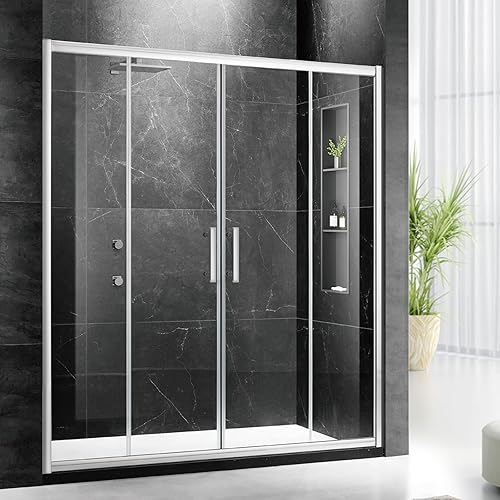 Mersviton Puerta de ducha corredera doble enmarcada, 60 pulgadas de ancho x 76 pulgadas de alto, puerta de vidrio templado transparente con bisagras