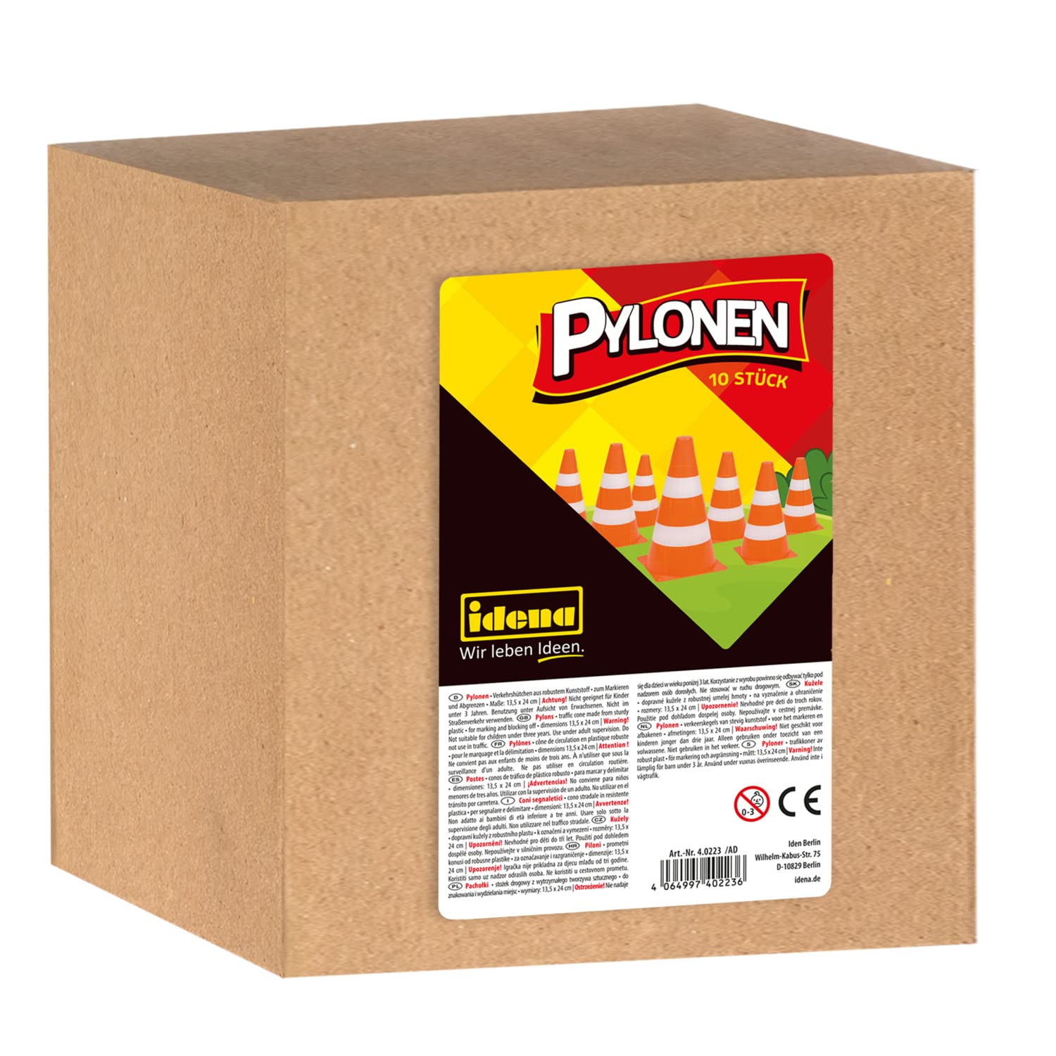 Idena 40223 - Pylony, 10 sztuk, 13,5 x 24 cm, plastikowe pachołki, do układania w stosy, pachołki drogowe do sportu, rekreacji, slalomu i wielu innych.