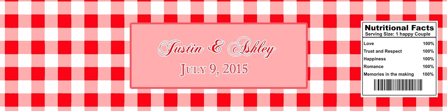 DesignThatSign 100 Red Gingham Wedding Anniversary Engagement Party Water Bottle Labels 8"x2"