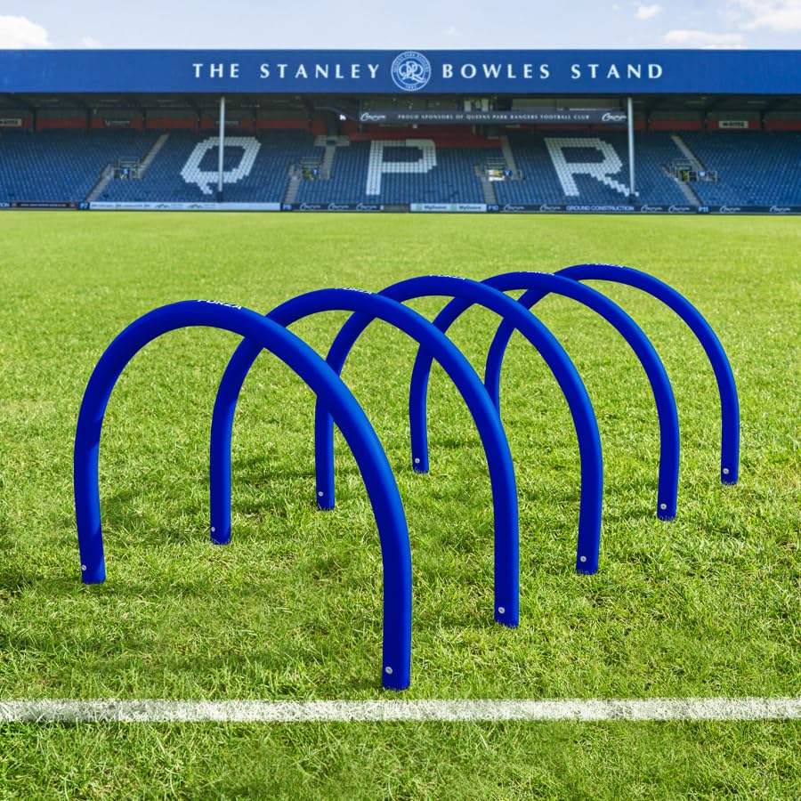 FORZA Football Training Passing Arcs | Set of 5 or 10 High-Tensile Plastic Arcs with Ground Spikes Passing, Dribbling & Agility Training Equipment (5, Electric Blue)