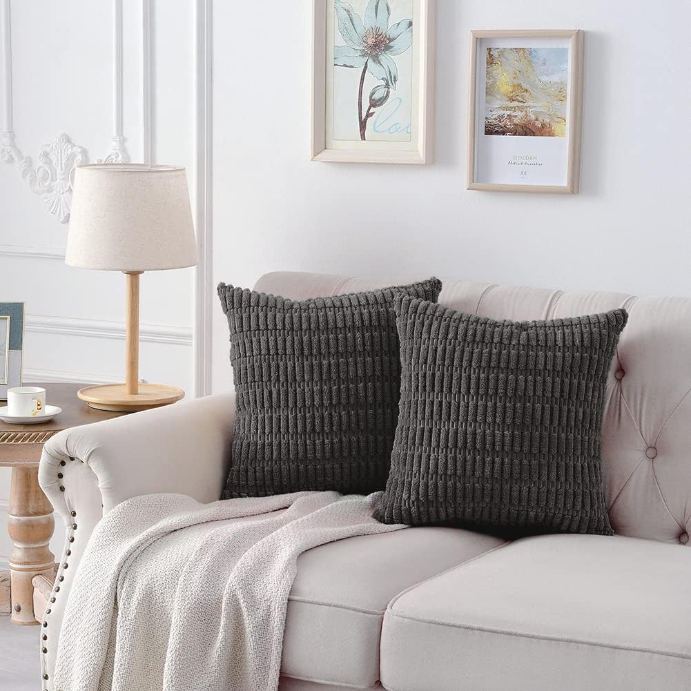 Fancy Homi 2 Packs Dark Grey Decorative Throw Pillow Covers 18x18 Inch for Living Room Couch Bed Sofa, Rustic Farmhouse Boho Home Decor, Soft Striped Corduroy Square Cushion Case 45x45 cm