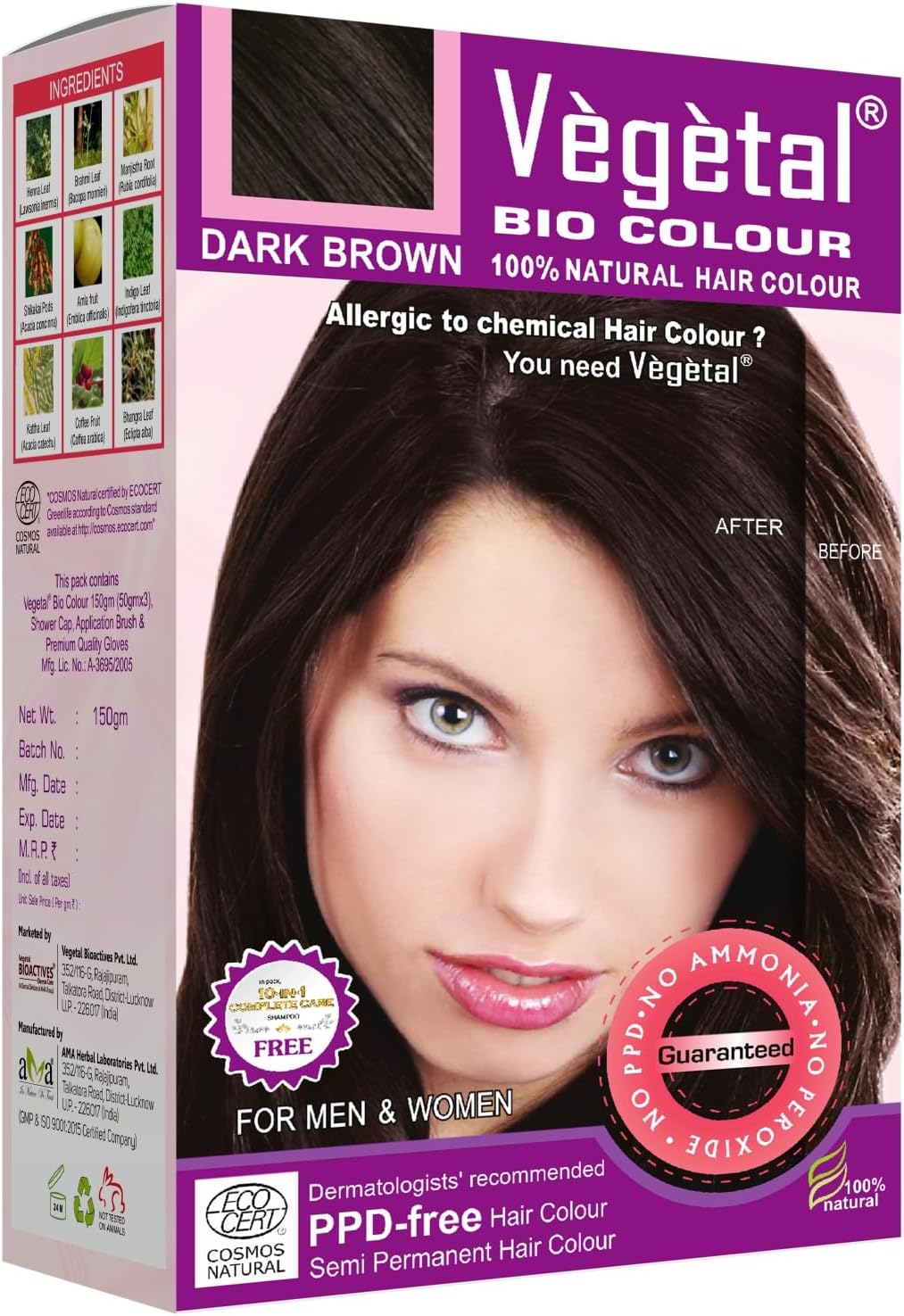 Vegetal Bio Hair Colour - Dark Brown 150g Achieve Natural, Ammonia-Free Hair Color PPD-Free, 100% Herbal Certified Organic for Men and Women UV Protection and Luster Maintenance Complete Kit