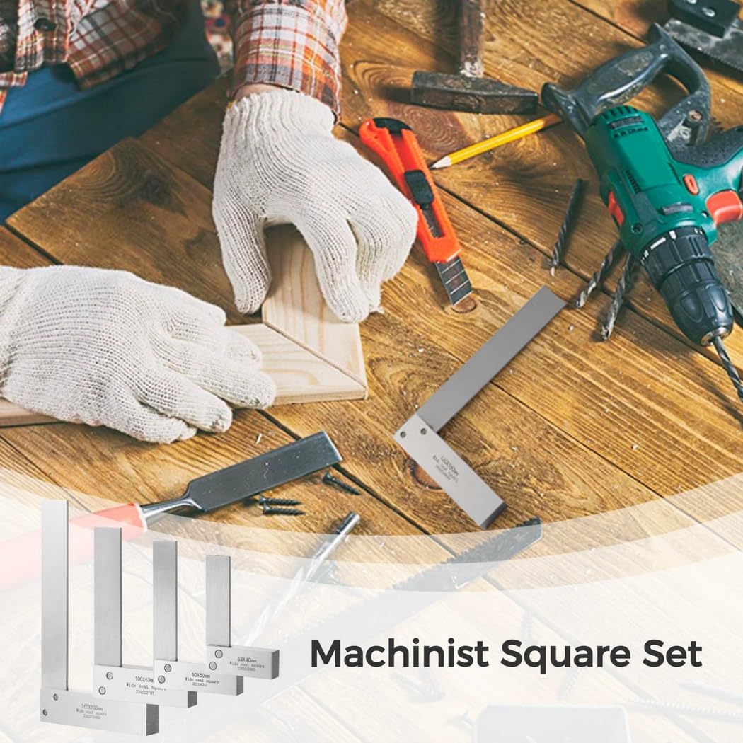 Machinist Square Set, 4-teiliges Präzisions-Holzbearbeitungswerkzeug mit breiter Basis, rechtwinkliges Vierkantwerkzeug, L-Typ-Messwerkzeug, 5,1 cm, 7,6 cm, 10,2 cm, 15,2 cm Quadrate