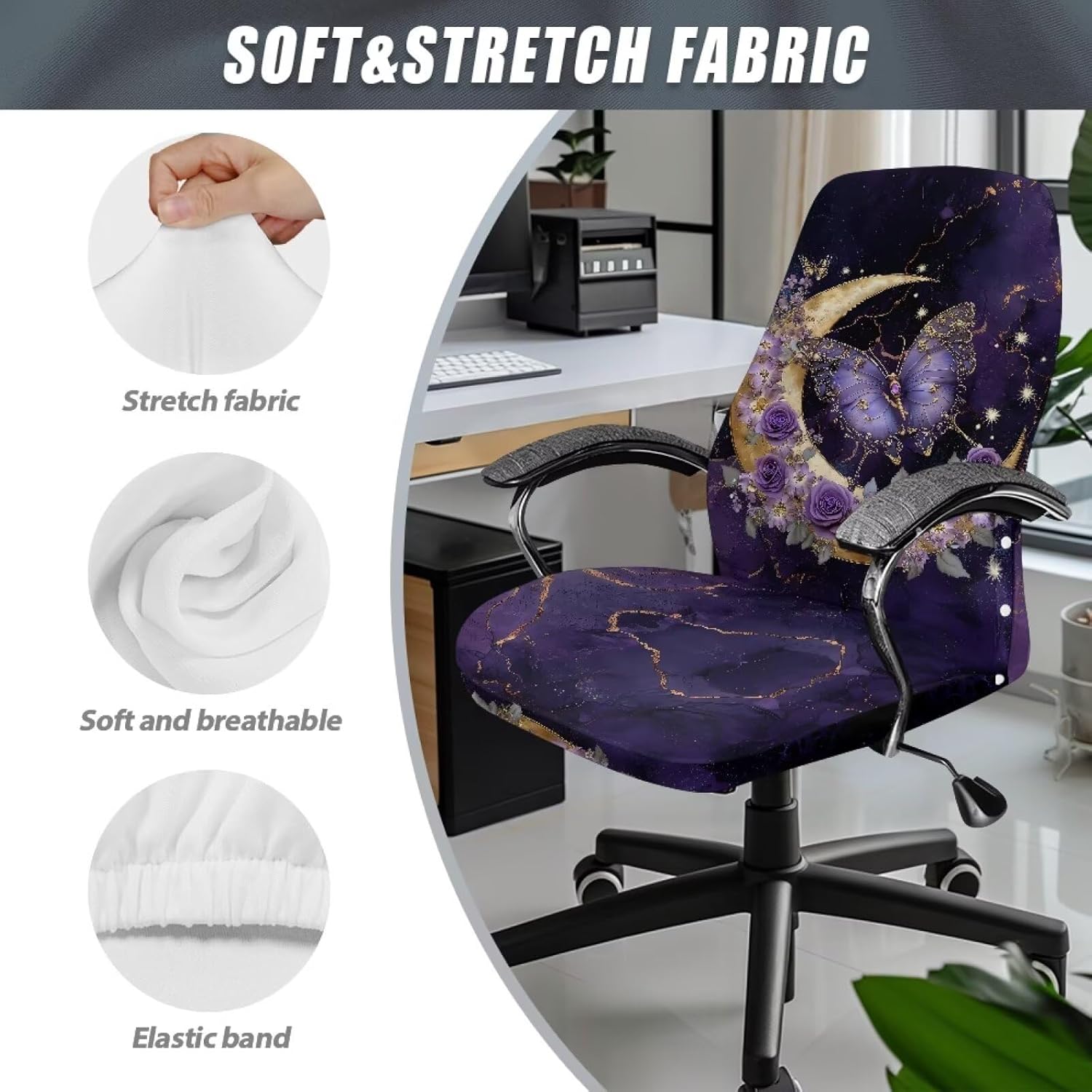 Purple Butterfly Moon Office Chair Cover Universal Executive Boss Chair Seat Covers Gaming Chair Covers High Back Chair Slipcover Large