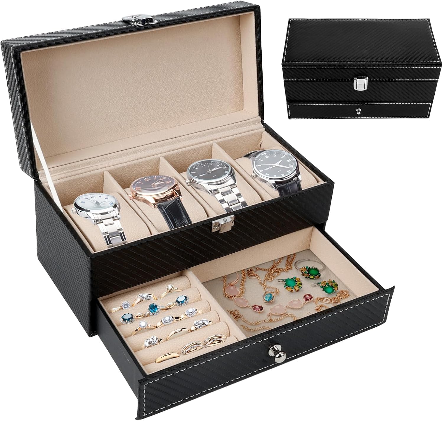 4 Slots Watch Box Carbon Fiber Watch Case with Jewelry Drawer for Storage Watch Display Case Holder Organizer (AW-02)