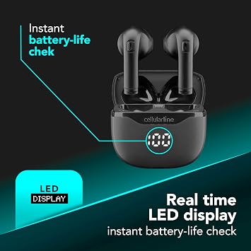 cellularline CORE Gerçek Kablosuz Bluetooth Kulaklık Şarj Kılıflı, LED Ekran, 16 Saat Çalma Süresi, Dokunmatik Kontroller, Otomatik Yayınlama, Siyah