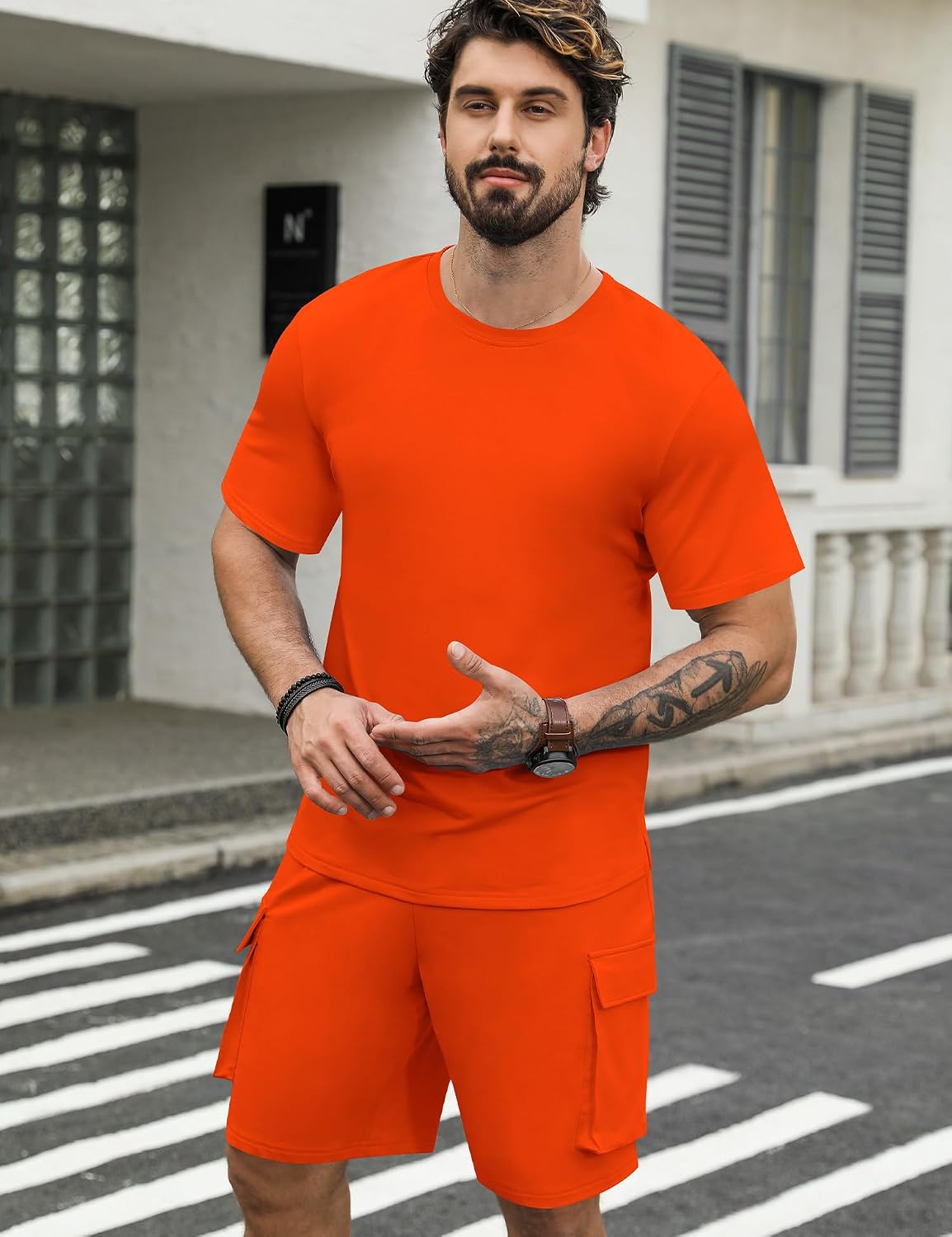 Babioboa Mens Short Sets 2 Piece Outfits Short Sleeve Crewneck Summer T Shirt and Drawstring Casual Track Shorts Set