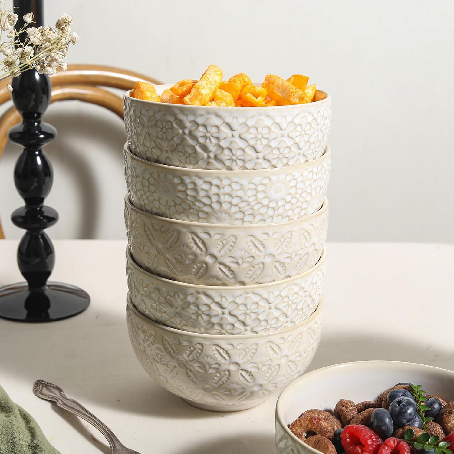 26 Oz Cereal Bowls Set of 4 - Ceramic Soup Bowl for Kitchen, Porcelain Embossed Serving Bowls for Salad, Pho, Breakfast, Ramen, Rice, 6 inch, Dishwasher Microwave Safe, Housewarming Decor